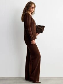 SHEIN Women Button Front Long Sleeve Cardigan Button Sleeve And Sweater Pant 2pcs Set Co-Ords - Brown - View 3