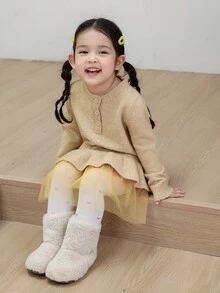 Dazy Kids Infant/Toddler (Girl) Round Neck Ruffle Trim Korean Style Long Sleeve Autumn/Winter Cardigan - Khaki - View 9