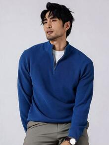 Manfinity Homme 男士純色半拉鍊長袖休閒毛衣 辦公商務款 酒紅色 秋冬 - 藍色 - 查看 1