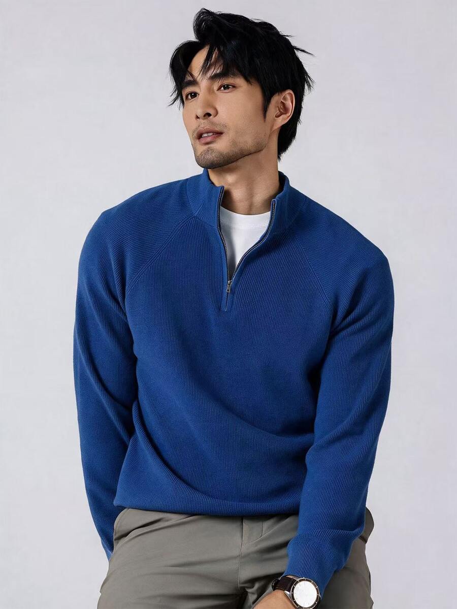 Manfinity Homme 男士純色半拉鍊長袖休閒毛衣 辦公商務款 酒紅色 秋冬 - 藍色 - 查看 1