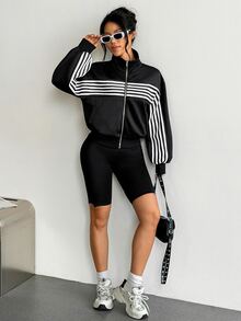 Dewbera Dewbera Women's American Retro Colorblock White Striped Stand Collar Zip-Up Sports Jacket, Loose Casual Open Front Sweatshirt - Black - View 6