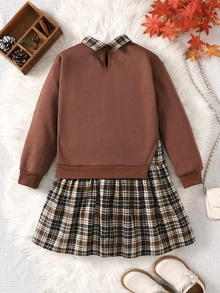 SHEIN Tween Girl Brown Sweatshirt Patchwork Vintage Plaid 2 In 1 Dress, Soft Comfortable Casual Versatile - Coffee - View 2