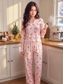 SHEIN Tween女孩櫻桃圖案V領長袖上衣與長褲睡衣套裝 Twee - 粉色 - 查看 14
