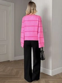 SHEIN Round Neck Bell And Long Sleeve Cozy Regular Fit Pink Color And Stripe Detail Casual Style - Pink - View 2