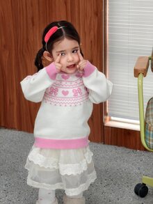 DAZY Infant/Toddler (Girl) Round Neck Heart Pattern Korean Style Autumn/Winter Long Sleeve Sweater - Multicolor - View 3