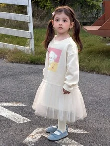 Dazy Kids Infant/Toddler (Girl) Round Neck Cartoon Print Long Sleeve Autumn/Winter Mesh Patchwork Dress - Apricot - View 4