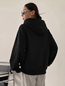DAZY 拉鍊式落肩抽繩保暖內裡連帽衛衣，長袖上衣，秋季女裝運動衫外套 - 黑色 - 查看 3