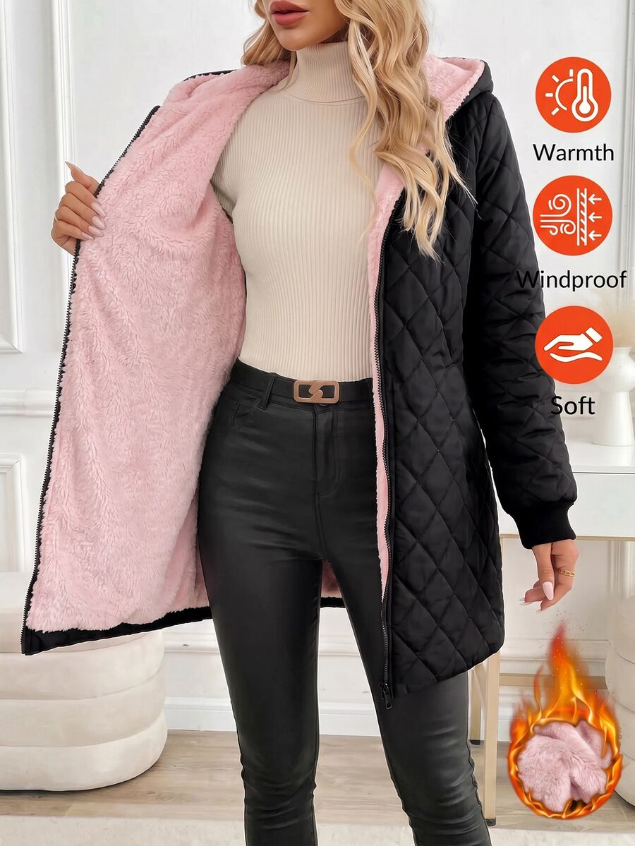SHEIN Clasi 女款冬季保暖內裡連帽夾克 露營度假 黑色休閒 - 淺粉色 - 查看 1