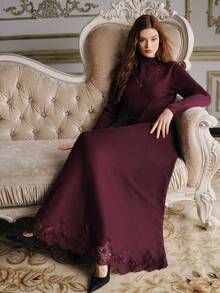 Anewsta Elegant Romantic Lace Trim A-Line Skirt & High Neck Long Sleeve Sweater 2 Pieces Set For Women, Commute, Vacation And Casual Wear - Red Violet - View 1