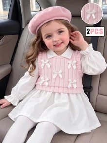 SHEIN 2件組幼兒女嬰女童洋裝，可愛甜美優雅，粉色白色蝴蝶結針織長袖，標準版型，層次荷葉邊公主芭蕾舞伶風，舒適女嬰女童款 - 粉色 - 查看 4