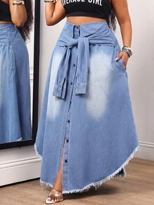 Slaydiva Chân váy denim xếp ly nữ phong cách thường ngày đa năng - Màu xanh lam - Xem 3