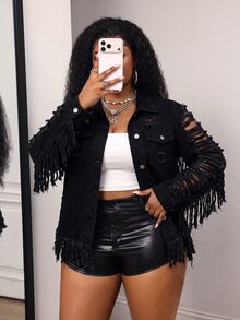 Slaydiva Plus Size Women's Casual Versatile Daily Denim Jacket - Black - View 8