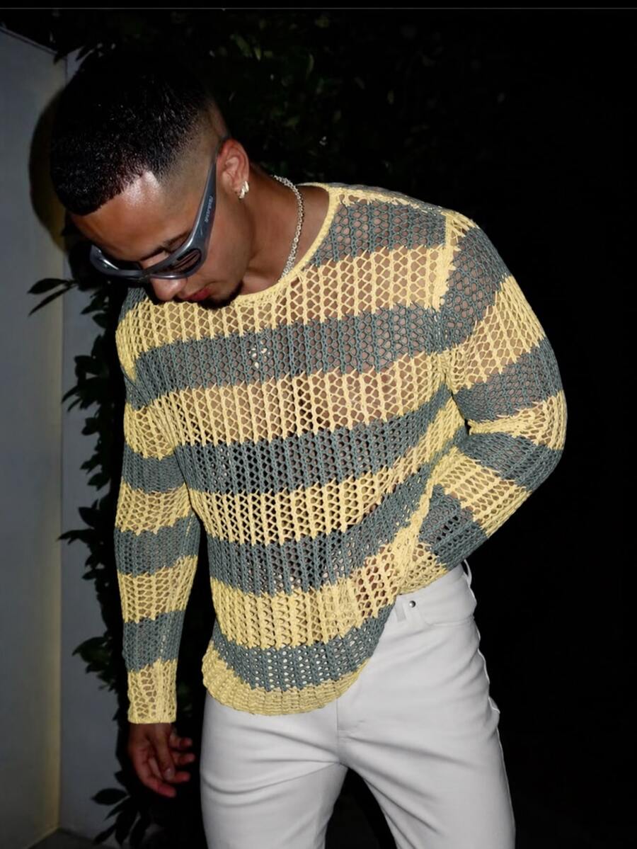 STEELVANCE 男士街頭時尚街頭風 Techno 對比色鏤空針織毛衣 俱樂部電音派對 黑白條紋 秋季款 - 鵝黃色 - 查看 1