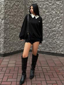 FRIFUL Sweatshirt Wanita Lengan Panjang Serbaguna dengan Dekorasi Logam dan Resleting - Hitam - View 3