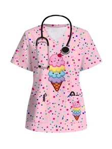 PopScrub Casual Minimalist Colorful Polka Dot Ice Cream Pattern All-Over Print Scrub Uniform Top - Multicolor - View 1