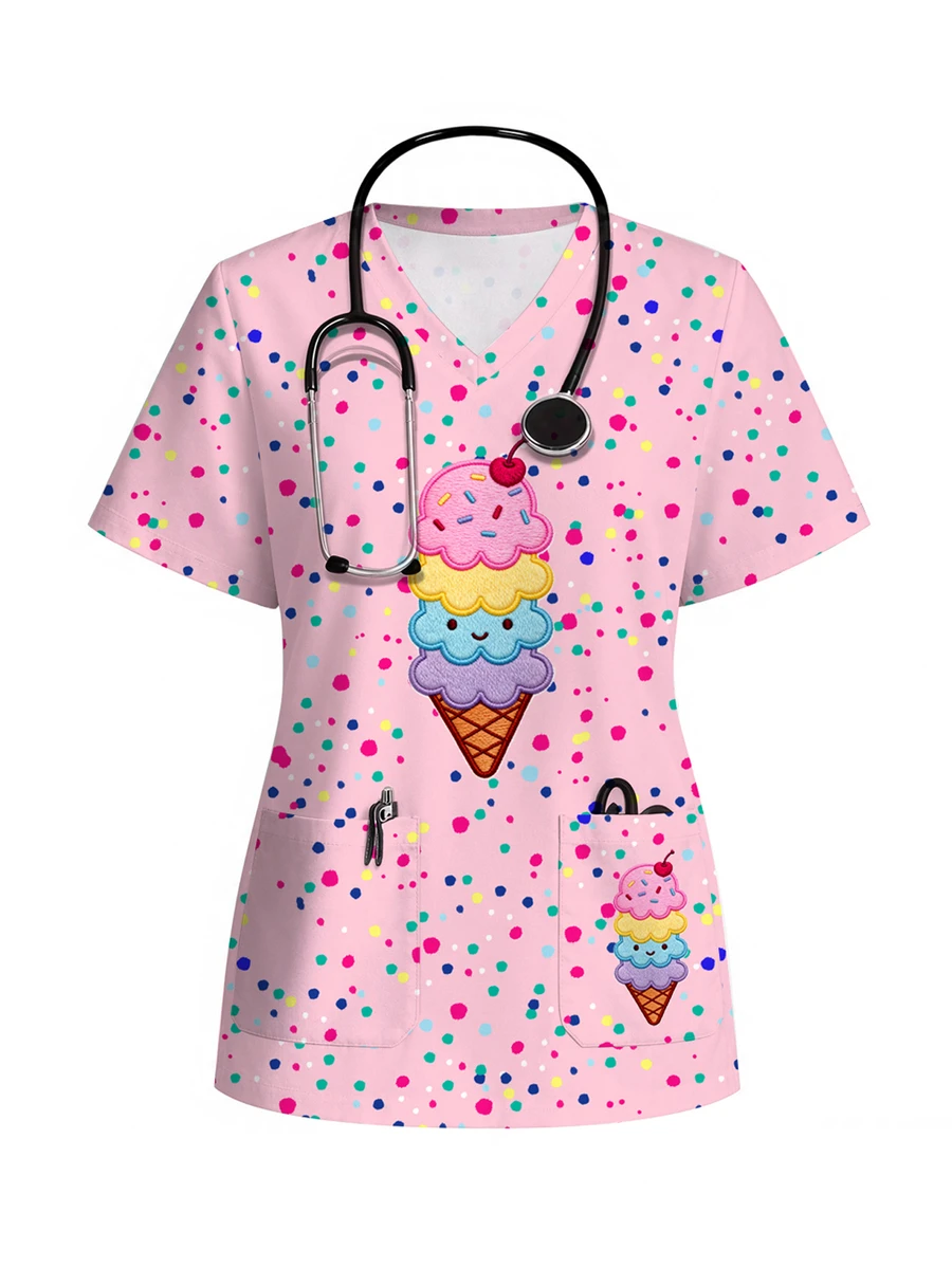 PopScrub Casual Minimalist Colorful Polka Dot Ice Cream Pattern All-Over Print Scrub Uniform Top - Multicolor - View 1