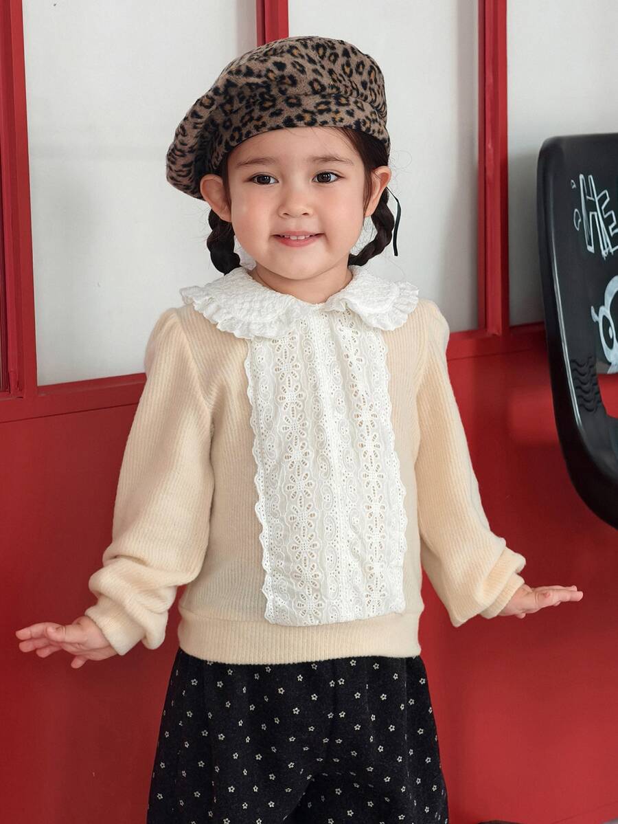 Dazy Kids Infant/Toddler (Girl) Heavy Lace Korean Style Velvet Feel Autumn/Winter Long Sleeve Sweatshirt - Apricot - View 1