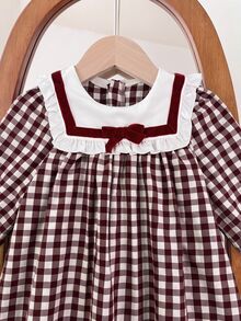 SHEIN Baby Girl Bow Decor Plaid Long Sleeve Cute Dress - Red - View 12