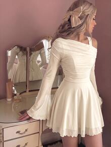 Skyraze Women's Solid Color Asymmetric Collar Flare Sleeve Mesh Patchwork Mini Dress - Apricot - View 3