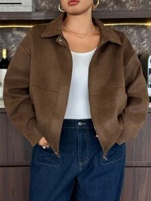 Dazy Plus Fleece Lined Thickened Autumn/Winter New Loose Casual Brown Short Jacket Outerwear - Brown - View 4