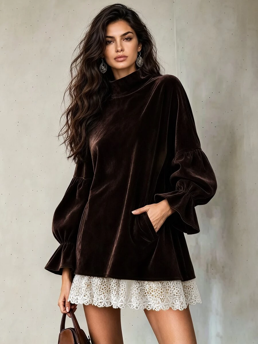 LUMIGAL Vintage Casual Brown H-Line Short Dress With Contrast Color Patchwork Lace Trim And Bell Sleeves - Coffee - View 1