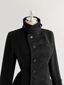 Elamini Women's Cinched Waist Long Sleeve Stand Collar Overcoat - Black - View 8