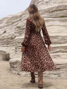 Aveloria Modichic French Elegant Boho Ruched Front Design Fashion Leopard Print Long Sleeve Dress With Belt Vacation Outfits Woman Cheetah Print Fall Cloth Dark Brown - Red - View 2