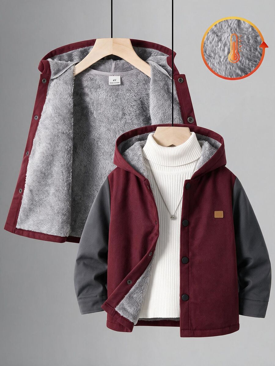 SHEIN Kids Young Boy Casual Everyday Versatile Comfortable Composite Fleece Lining Hooded Open Front Long Sleeve Mid-Weight Woven Jacket Suitable For School, Garden, Beach, Birthday Spring, Summer, Fall, Winter - Multicolor - View 1