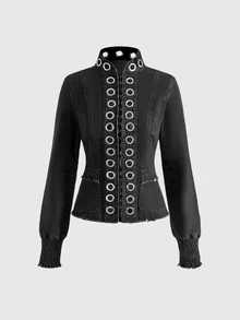 ROMWE Grunge Punk Street Punk Dark Grey Washed Cinched Waist Deconstructed Women's Denim Jacket - Dark Grey - View 1