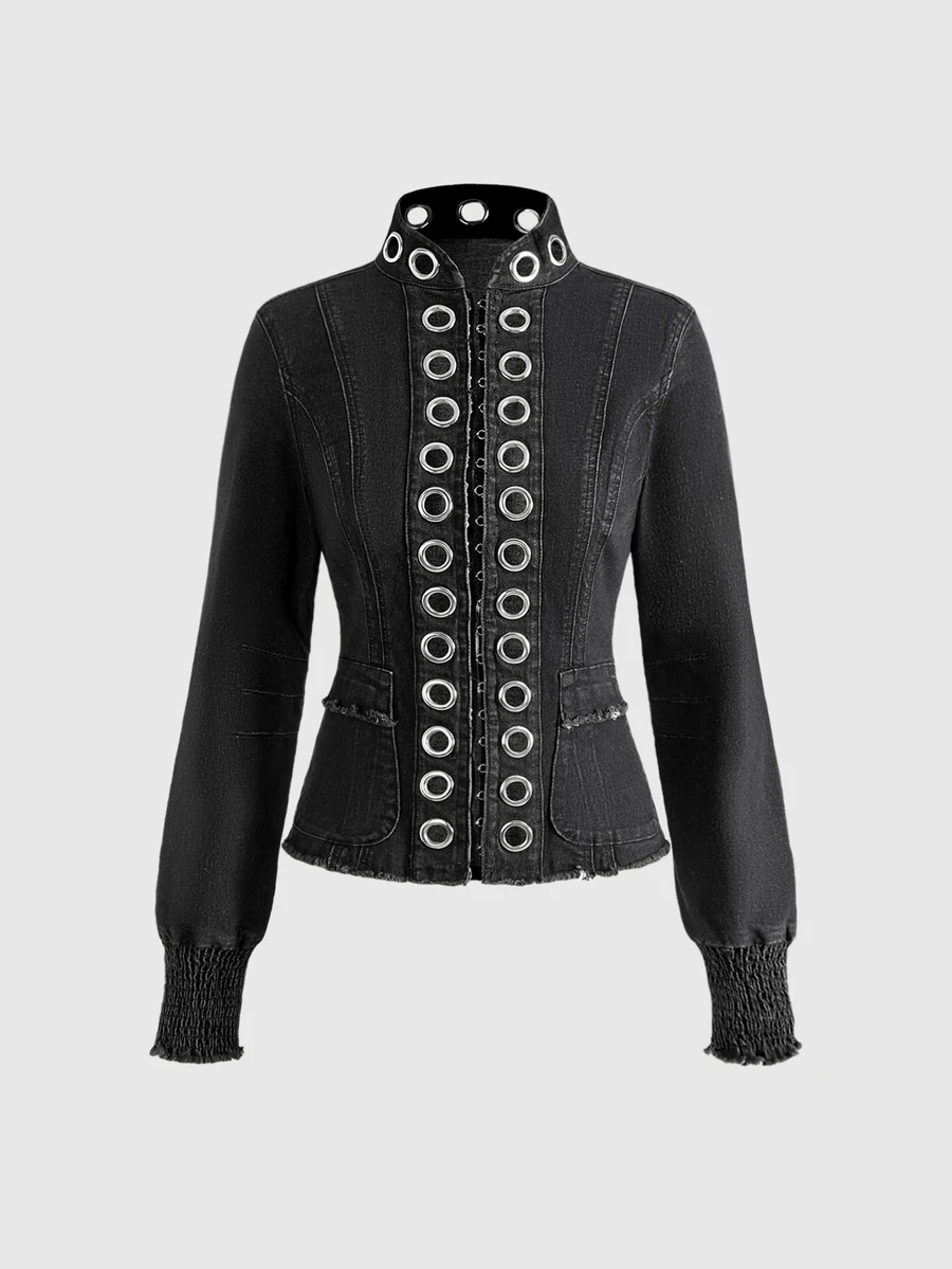 ROMWE Grunge Punk Street Punk Dark Grey Washed Cinched Waist Deconstructed Women's Denim Jacket - Dark Grey - View 1