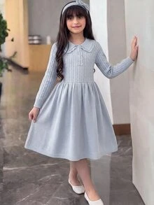 Girlism Tween女孩秋冬甜美可愛彼得潘領中長版針織毛衣洋裝，適合日常時尚穿著 - 藍色 - 查看 1