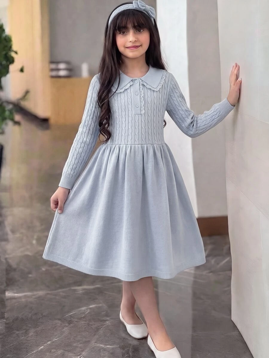 Girlism Tween女孩秋冬甜美可愛彼得潘領中長版針織毛衣洋裝,適合日常時尚穿著 - 藍色 - 查看 1