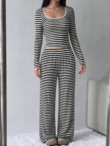 SHEIN 青少年女孩條紋長袖T恤與長褲休閒日常套裝 - 黑與白 - 查看 8