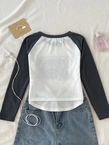 SHEIN Tween Girls Tween Girl Raglan Sleeve Print Pullover T-Shirt, Vintage Soft Comfortable Casual Everyday Versatile - White - View 2