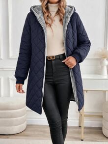 SHEIN Clasi 女款冬季保暖內裡連帽夾克 露營度假黑色休閒款 - 藏蓝色 - 查看 8