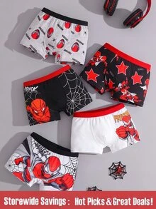 SHEIN 5-Piece Boys Toddler Boxer Briefs, Cartoon Patterns And Letter Graphics Summer Underwear, Soft Knit Essentials (White) Autumn Fall - Multicolor - View 1