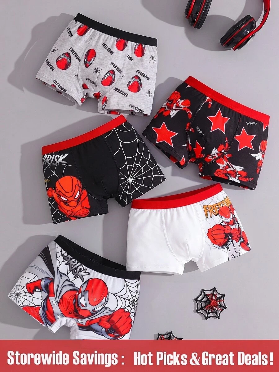 SHEIN 5-Piece Boys Toddler Boxer Briefs, Cartoon Patterns And Letter Graphics Summer Underwear, Soft Knit Essentials (White) Autumn Fall - Multicolor - View 1