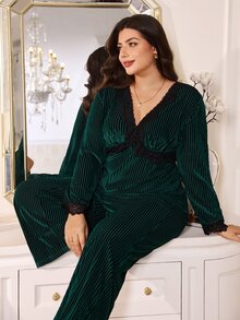 MuseNap CURVE Dark Green Vertical Ribbed Velvet 2 Pieces Pajama Set For Women, Contrast Lace V-Neck With Patchwork Cuffs And Ruffle Trim, Loose Long Sleeve Top And Long Pants, Luxury Loungewear - Dark Green - View 4