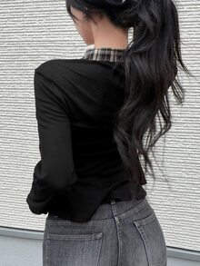 FRIFUL 女款掛脖格紋布料拼接泡泡短袖收腰鈕扣裝飾甜辣風夏季T恤 約會黑色格紋優雅 - 黑色 - 查看 5