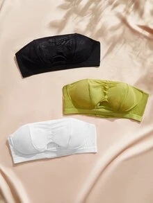 SHEIN Casual Comfortable Double Layer Mesh Bandeau Bra 3-Piece Set - Multicolor - View 1