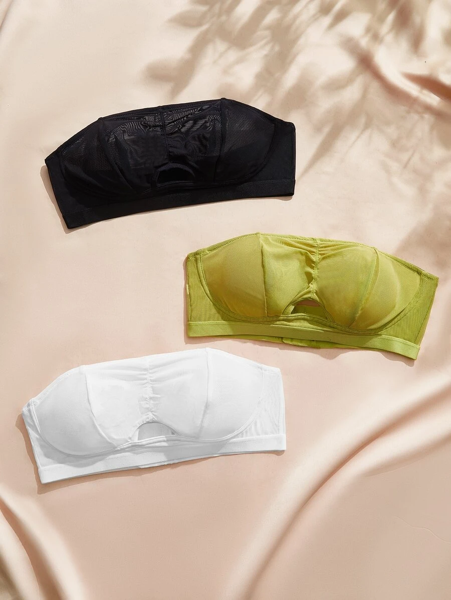 SHEIN Casual Comfortable Double Layer Mesh Bandeau Bra 3-Piece Set - Multicolor - View 1