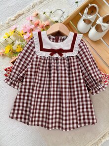 SHEIN Baby Girl Bow Decor Plaid Long Sleeve Cute Dress - Red - View 3