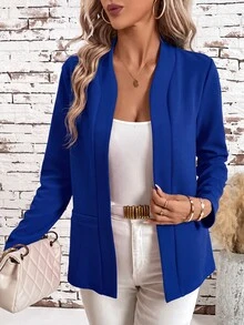 Chikora Plus Size Women's Collarless Pocket All-Match Elegant Minimalist Versatile Comfortable Red Regular Jacket,Fall Clothes For Women Winter Autumn - Royal Blue - View 6