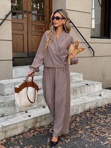 Serisse Women's Striped Long Sleeve Top And Pants Casual Daily Set - Brown - View 5