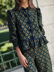 Nöista New Chinese Retro Print Ruffle Two Pieces Set - Blue - View 4
