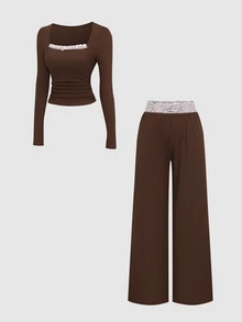 Sweetra Women's Bow Decor Top And Lace Long Pants Set - Coffee Brown - View 1