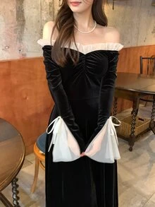 DAZY فستان نسائي بياقة على شكل حرف V بأسلوب كوري مع كتل لونية وأكمام طويلة وطول متوسط للحفلات - الأسود - مشاهدة 4