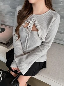 Bijouette Plus Size Sexy Style Ribbed Knit Sweater, Round Neck With Ruffle Trim And Hollow Tie Design On Chest, - Light Grey - View 8