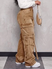 SHEIN ICON بنطلون جينز دنيم مقاس كبير بتصميم بسيط باهت للارتداء اليومي، العودة إلى المدرسة - كاكي - مشاهدة 11