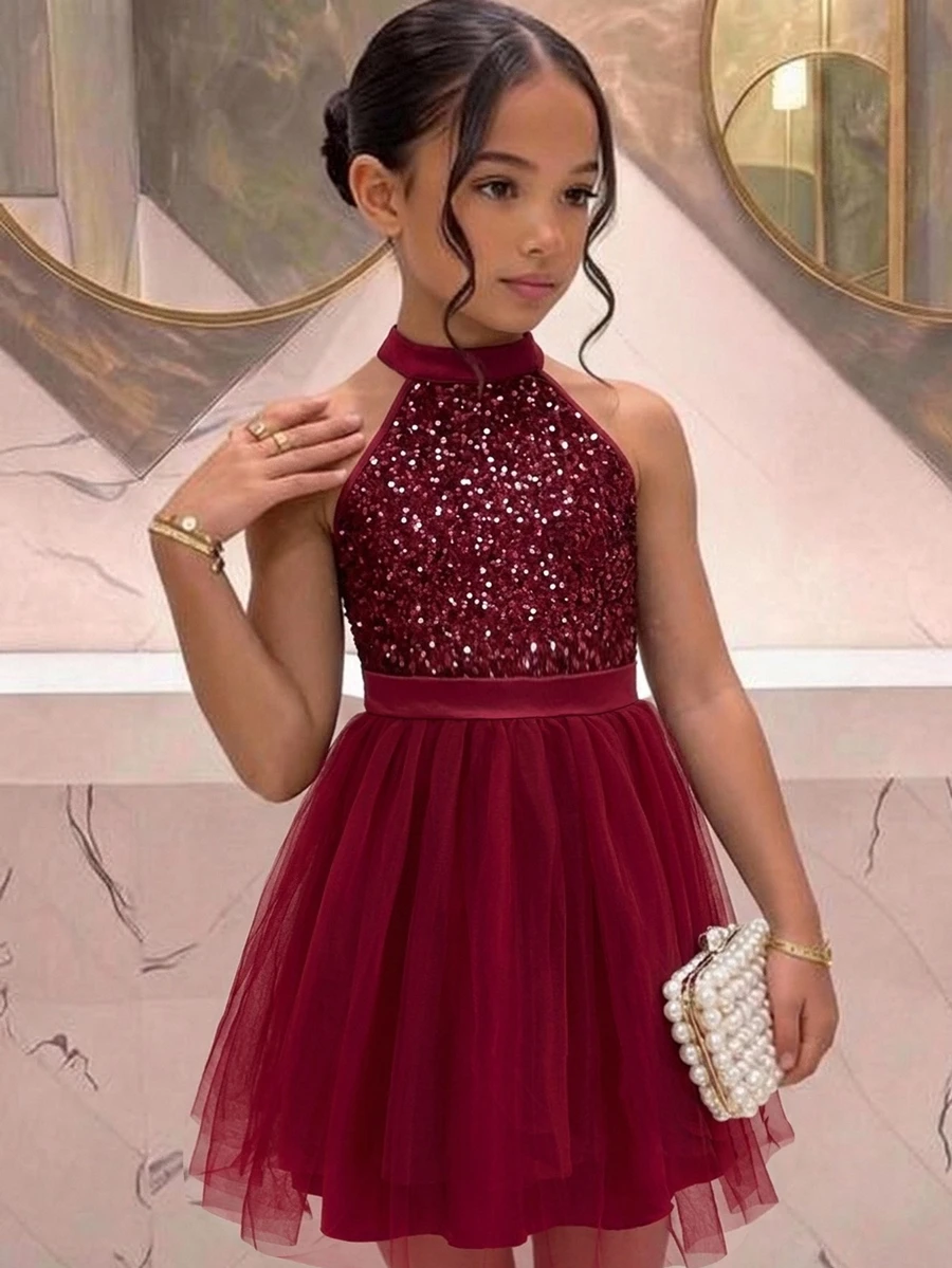SHEIN Tween Girls Red Halter Neck Waist-Cinching Sequin Mesh Dress, Princess Style, Versatile Elegant Glamorous For Holiday Party, Prom - Burgundy - View 1
